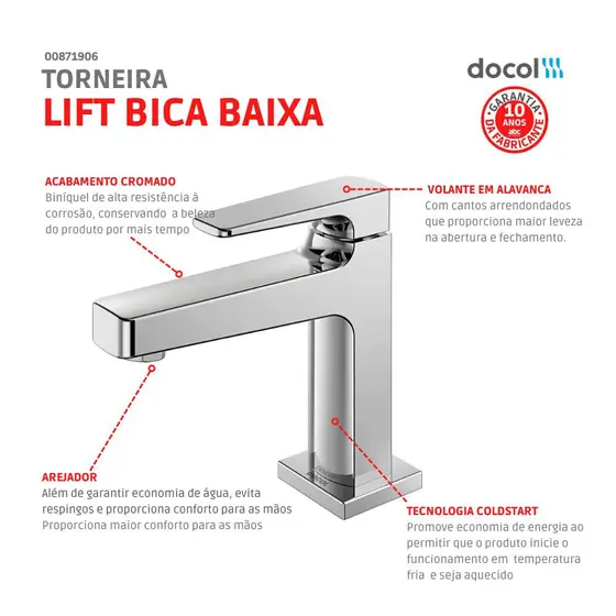 Torneira Docol Lift para Lavatório de Mesa - Cromado - Imagem 3